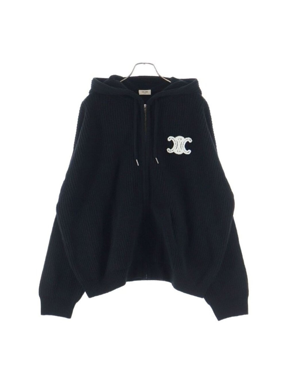Celine Logo Patch Hoodie Zip Up Knit Black